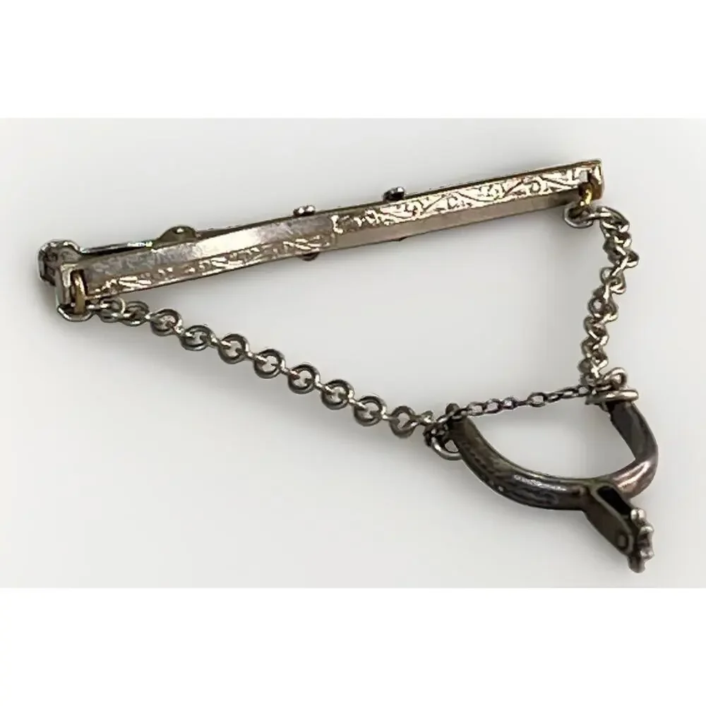 Vintage Sterling Silver Boot Spur Tie Clip Chain Silver Tone Western Cowboy 3”